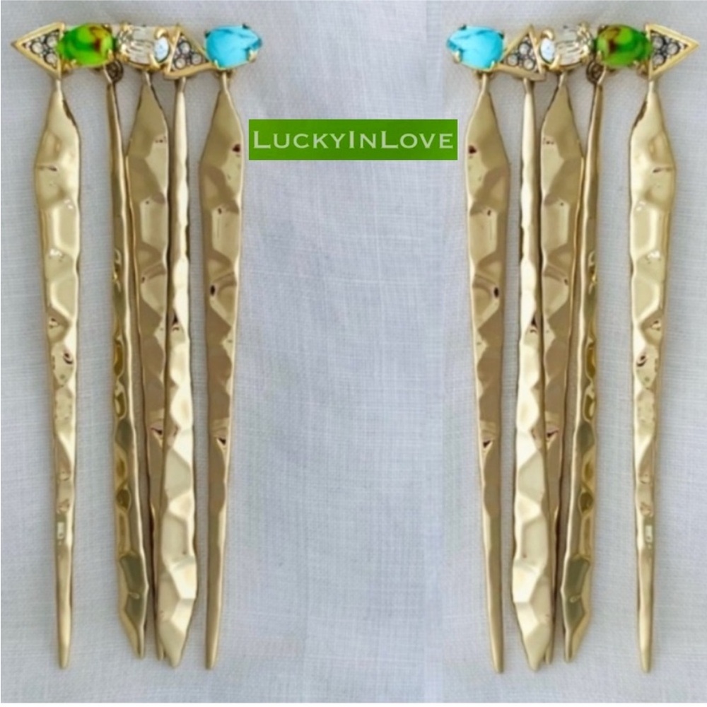 ALEXIS BITTAR Gold Green Blue Stone Gemstone Bar Hammered Metal Fringe Earrings